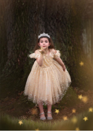 Cold Shoulder Champagne Star Tulle Flower Girl Dress
